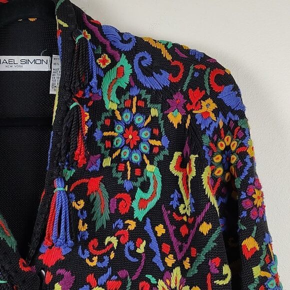 Michael Simon Embroidered Collared Cardigan with Tassels 1992 Vintage - Picture 4 of 13